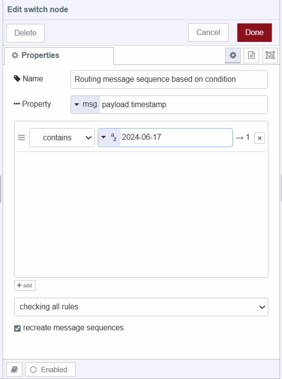 Screenshot switch node filtering data bases on timestamp "Screenshot of switch node filtering data bases on timestamp"